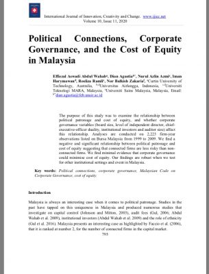 Political Connections, Corporate Governance, and the Cost of Equity in Malaysia